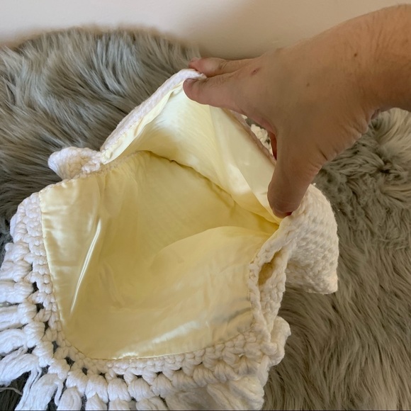 Cream Shoulder Bag. Fold Over Flap. Fringe. Knit. - Picture 4 of 5